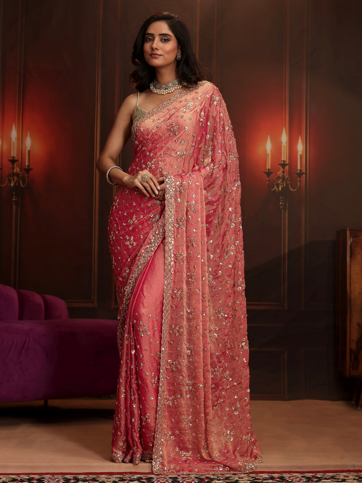 Anouk Art Coral Pink Embellished Tissue Saree