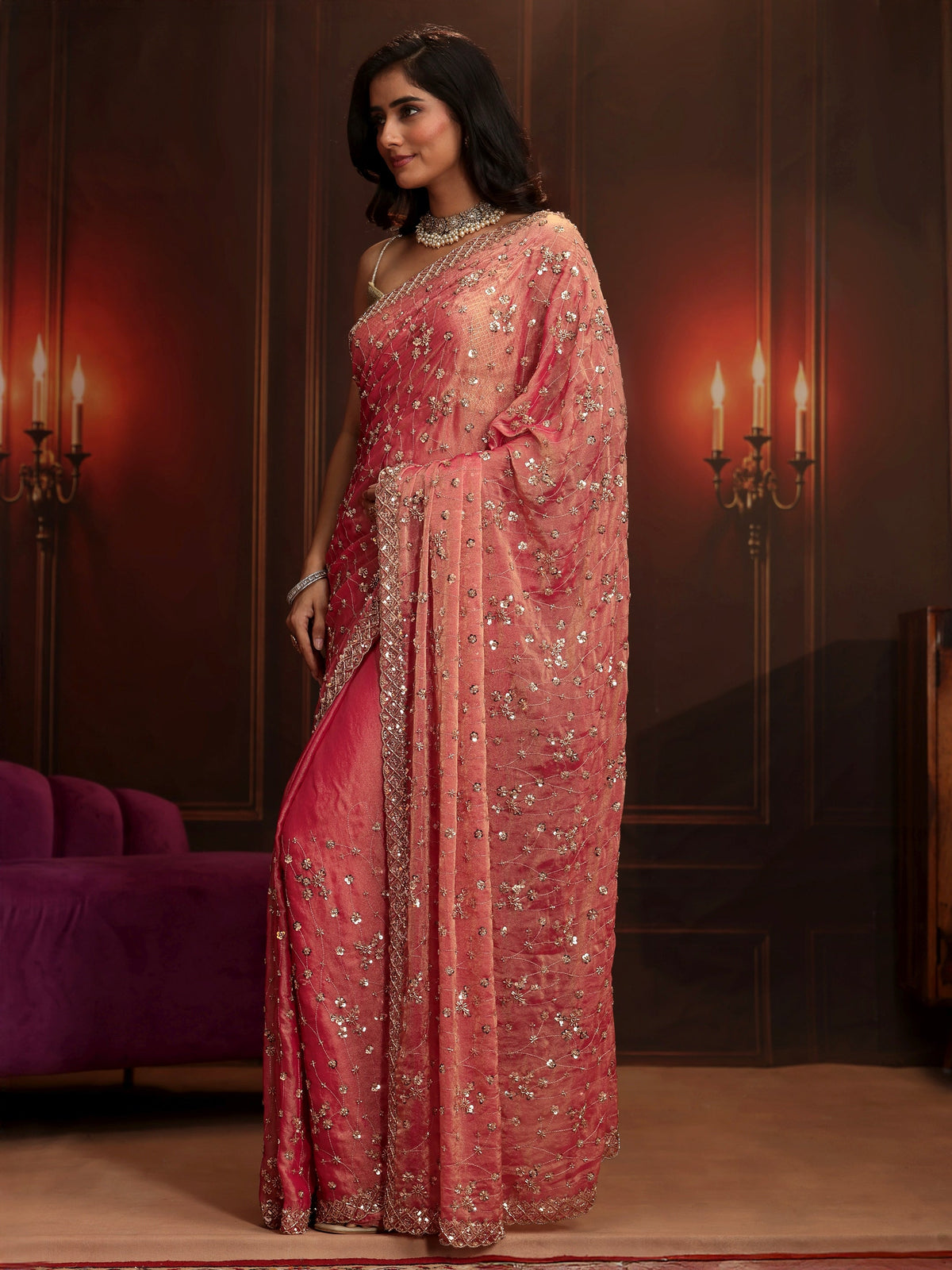 Anouk Art Coral Pink Embellished Tissue Saree