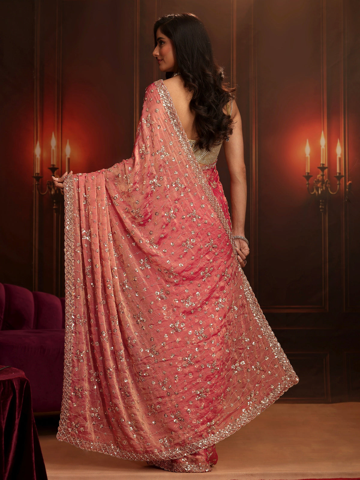 Anouk Art Coral Pink Embellished Tissue Saree