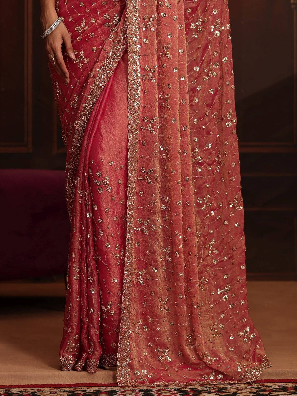 Anouk Art Coral Pink Embellished Tissue Saree