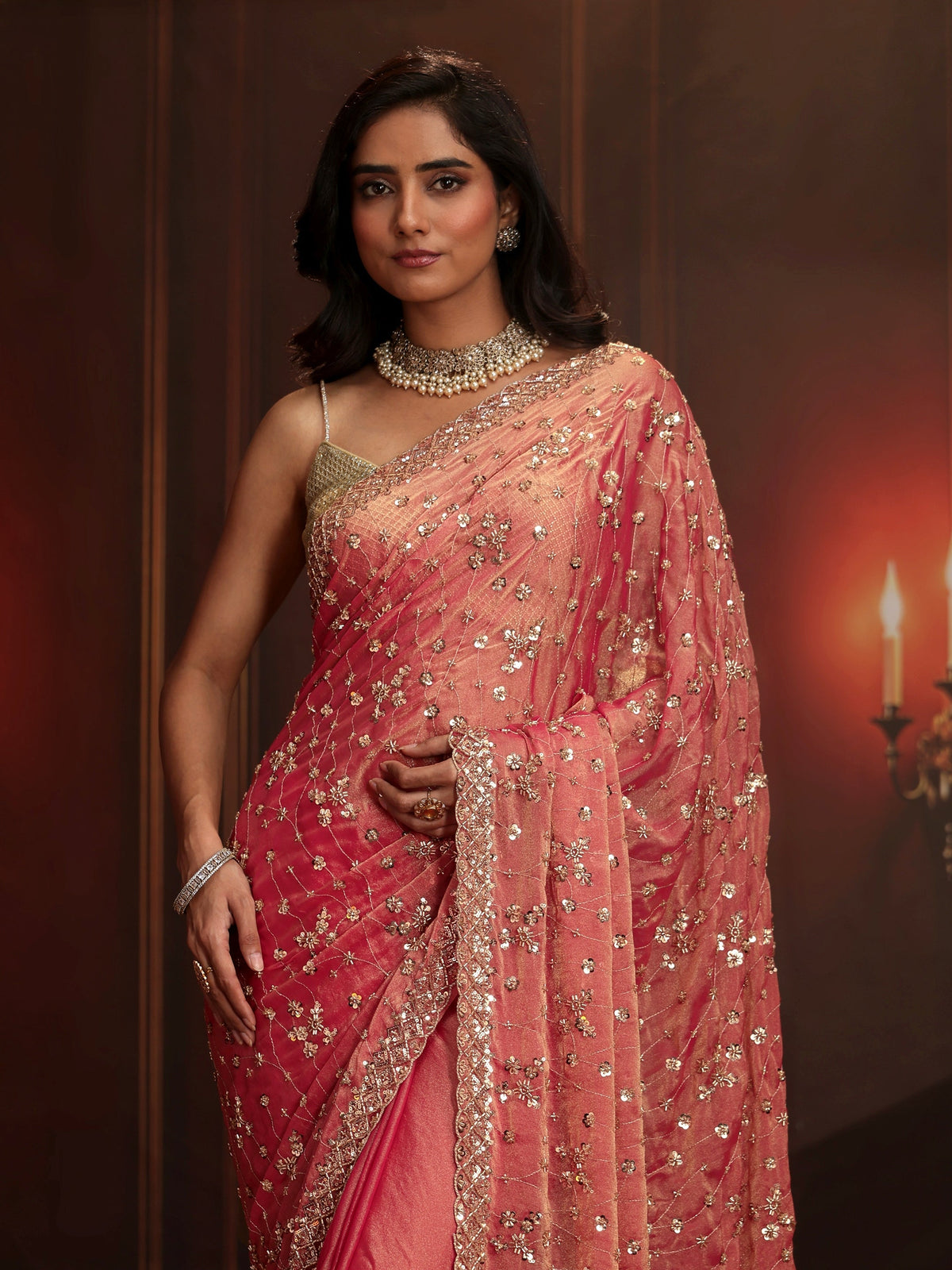 Anouk Art Coral Pink Embellished Tissue Saree