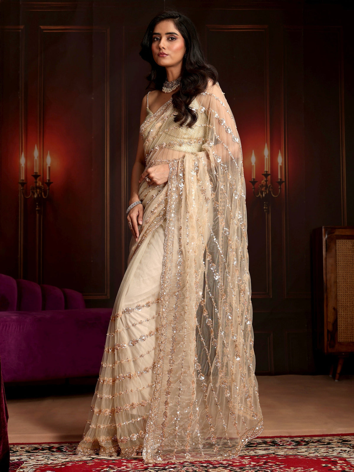 Anouk Art Cream Embellished Net Saree