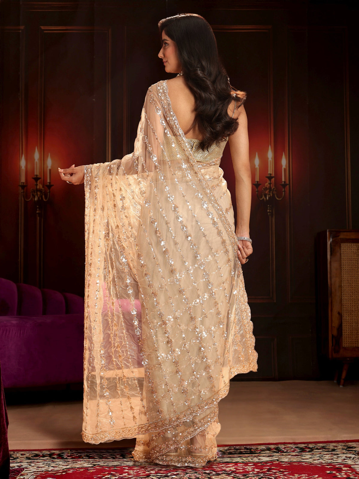 Anouk Art Cream Embellished Net Saree