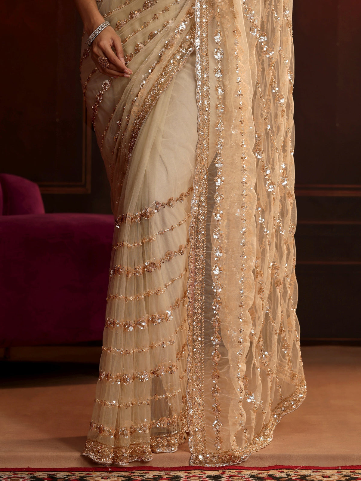 Anouk Art Cream Embellished Net Saree