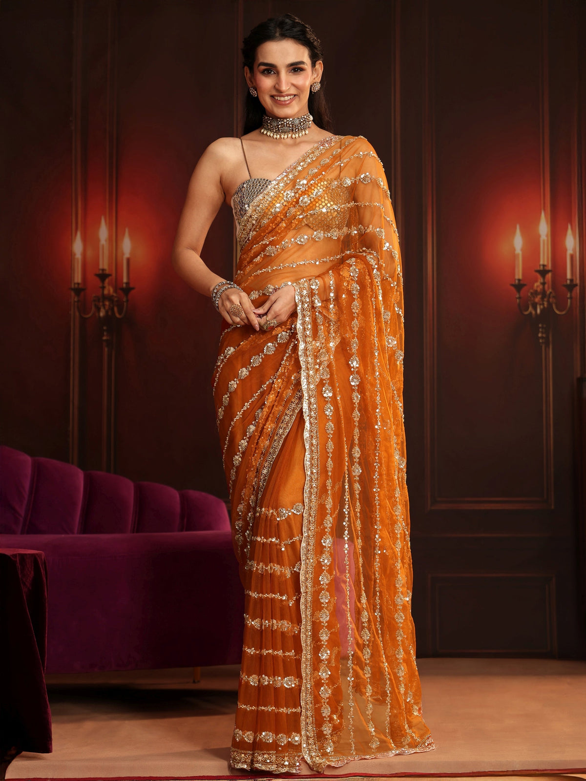 Anouk Art Orange Embellished Net Saree