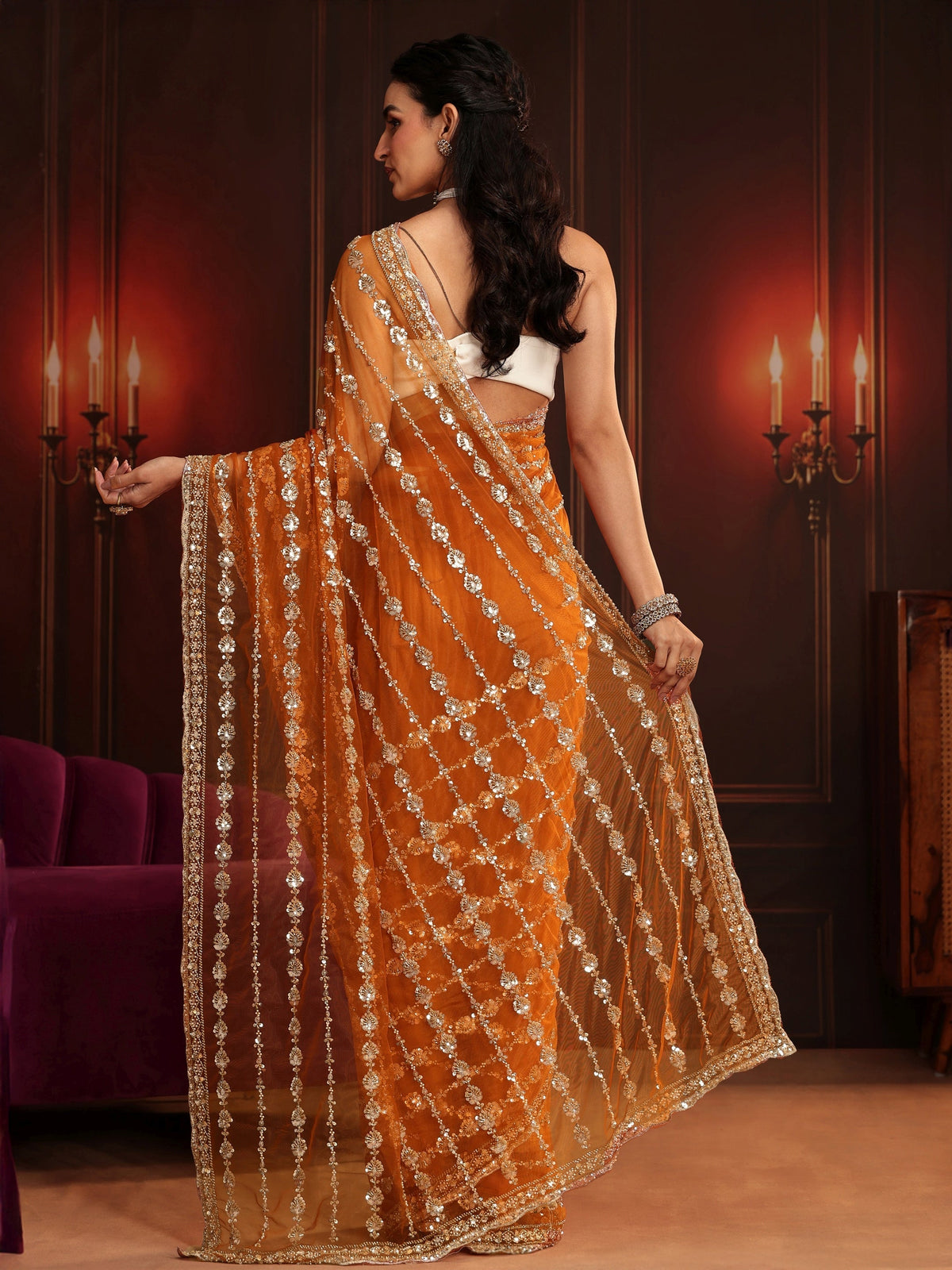 Anouk Art Orange Embellished Net Saree