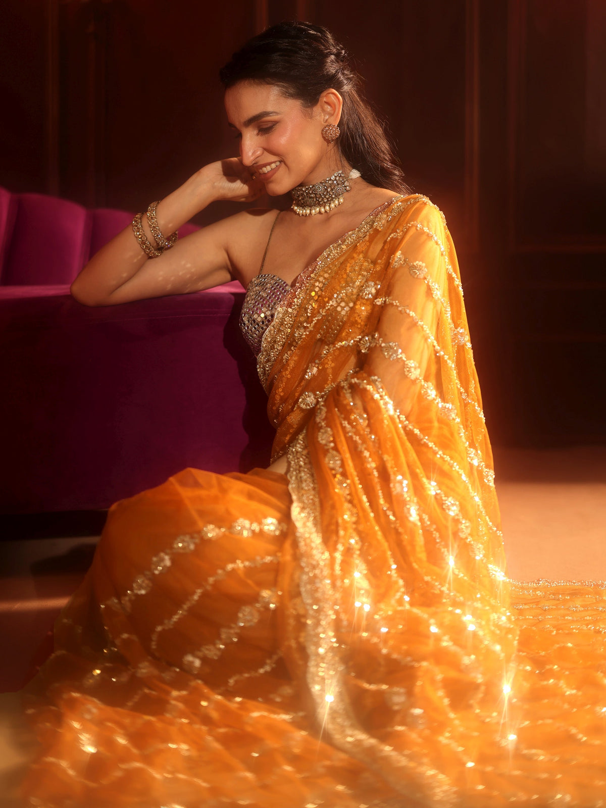 Anouk Art Orange Embellished Net Saree