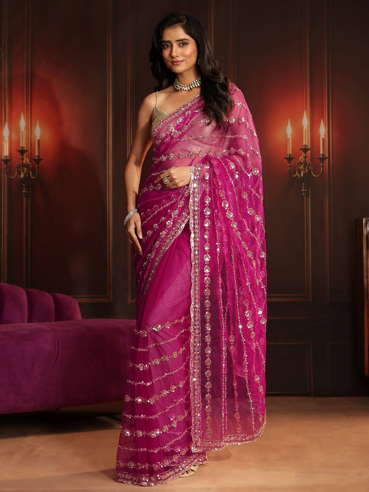 Anouk Art Magenta Pink Embellished Net Saree