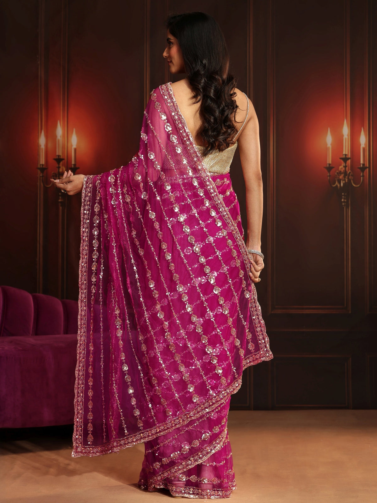 Anouk Art Magenta Pink Embellished Net Saree
