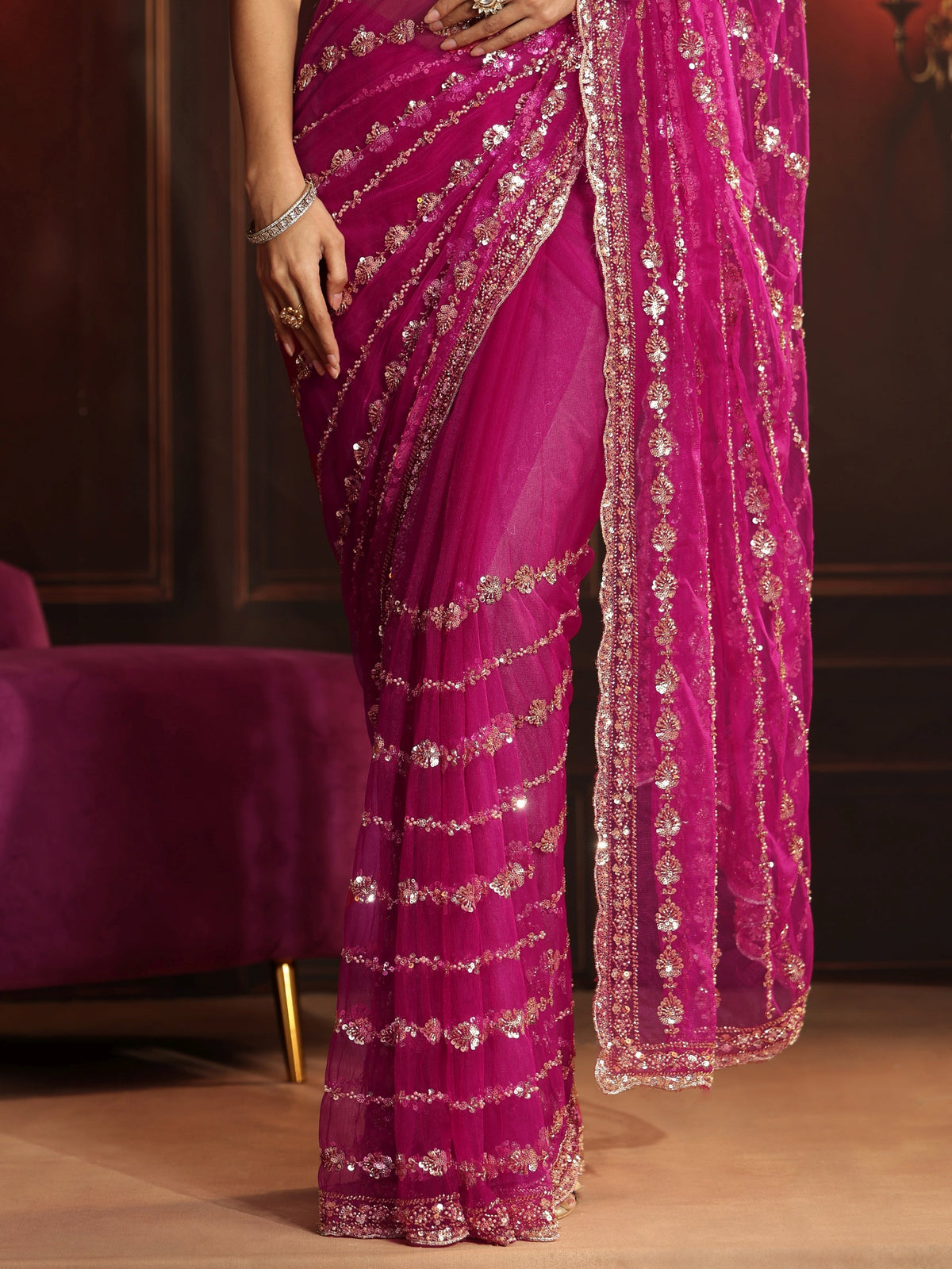 Anouk Art Magenta Pink Embellished Net Saree