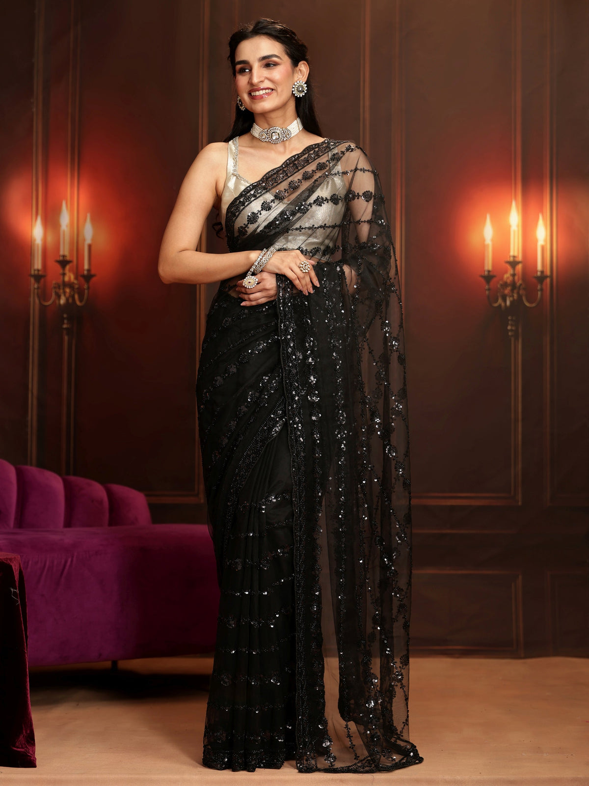 Anouk Art Black Embellished Net Saree