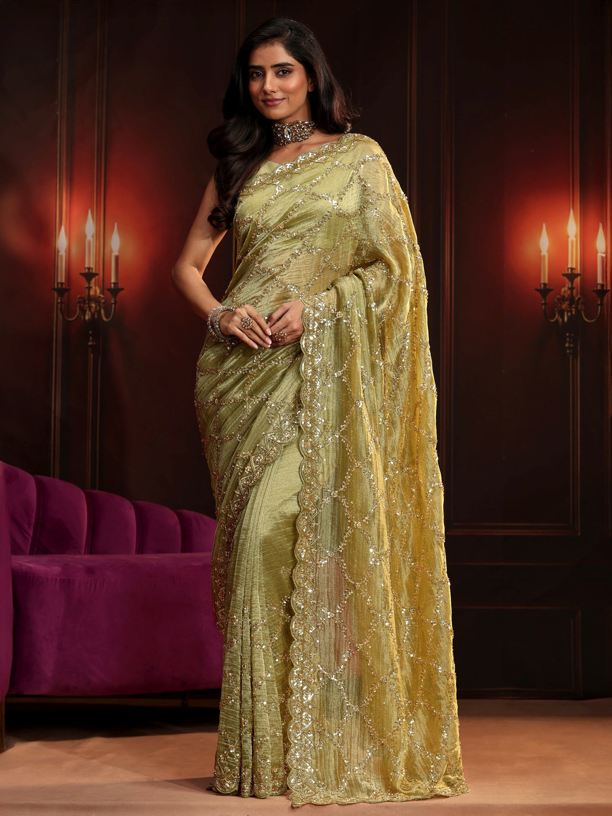 Anouk Art Pista Green Embellished Organza Saree