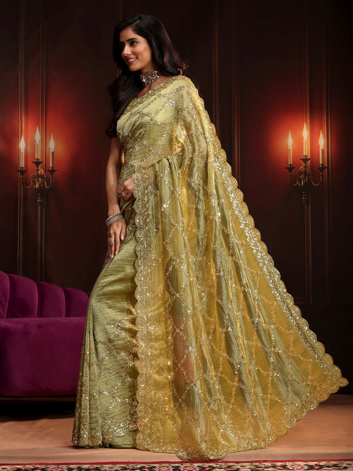 Anouk Art Pista Green Embellished Organza Saree