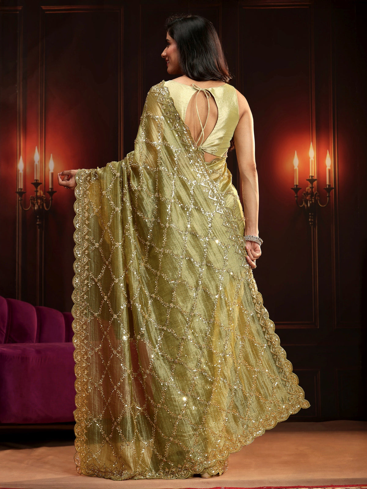 Anouk Art Pista Green Embellished Organza Saree