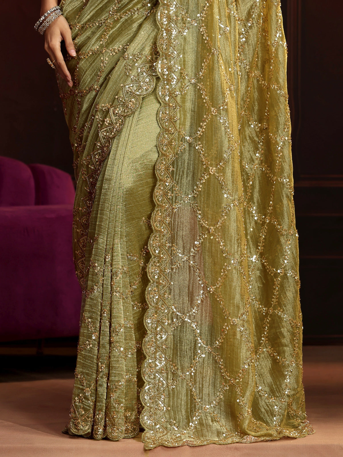 Anouk Art Pista Green Embellished Organza Saree