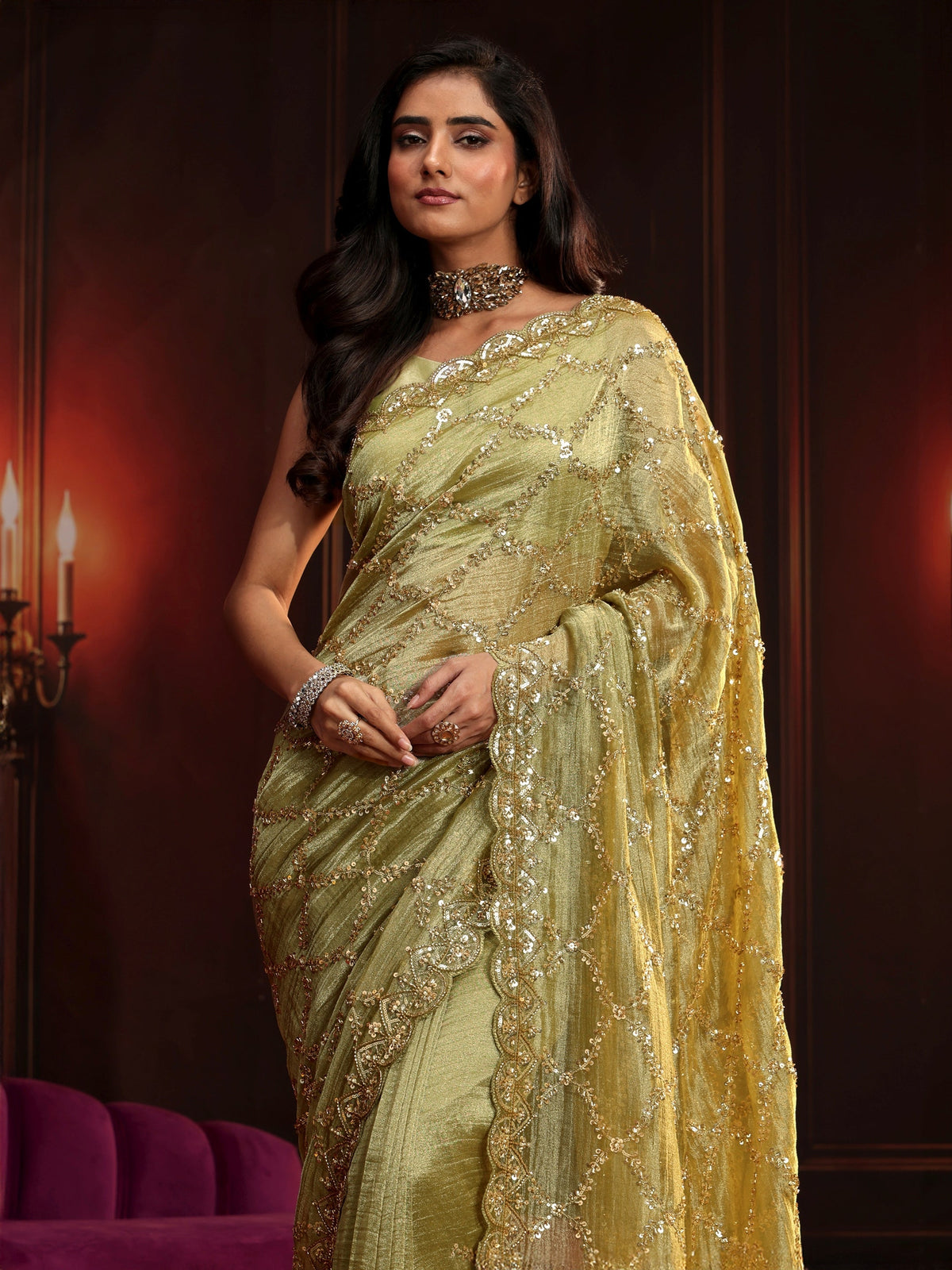 Anouk Art Pista Green Embellished Organza Saree