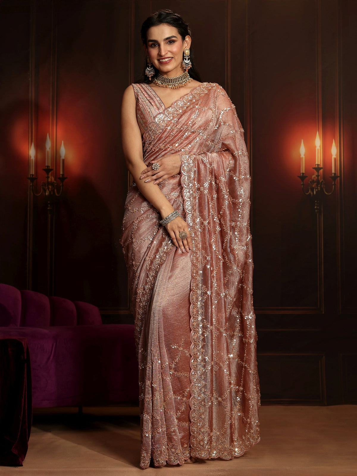 Anouk Art Peach Pink Embellished Organza Saree