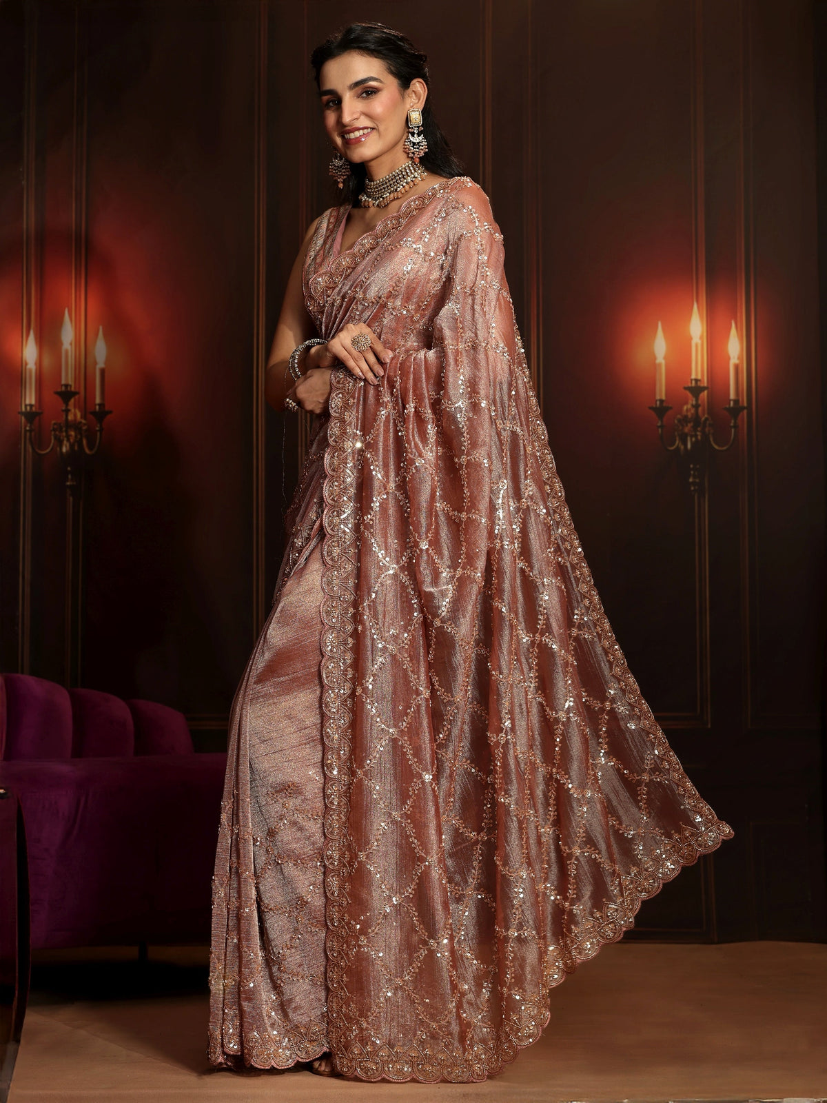 Anouk Art Peach Pink Embellished Organza Saree