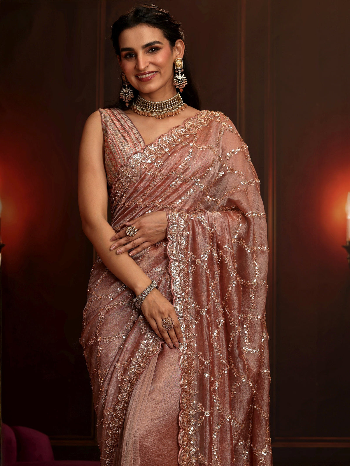Anouk Art Peach Pink Embellished Organza Saree