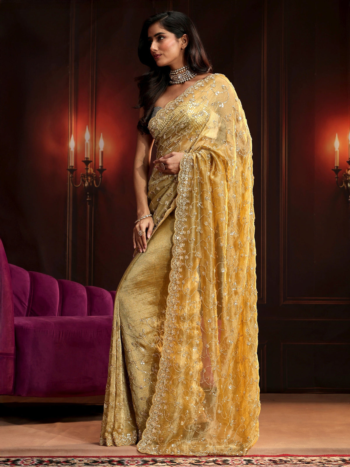 Anouk Art Golden Embellished Organza Saree