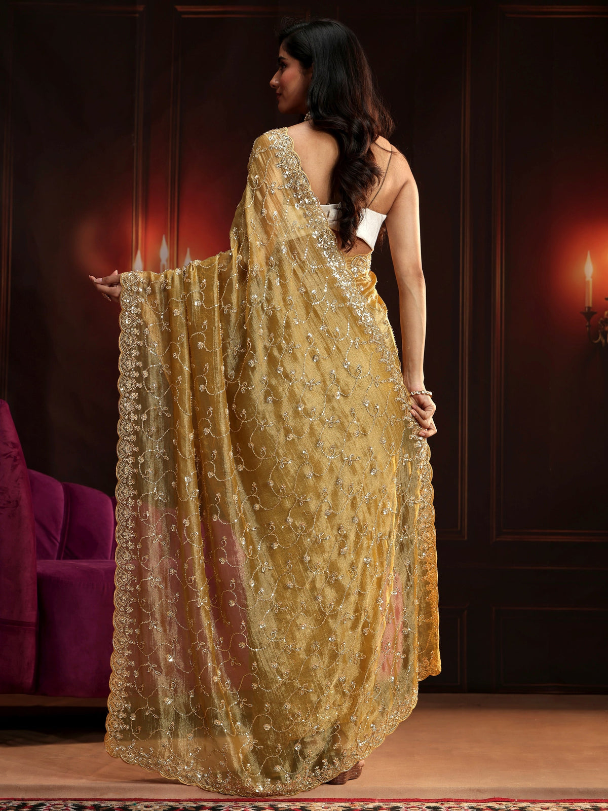 Anouk Art Golden Embellished Organza Saree
