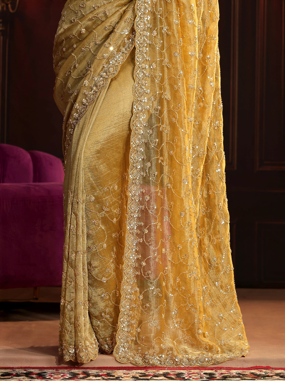 Anouk Art Golden Embellished Organza Saree
