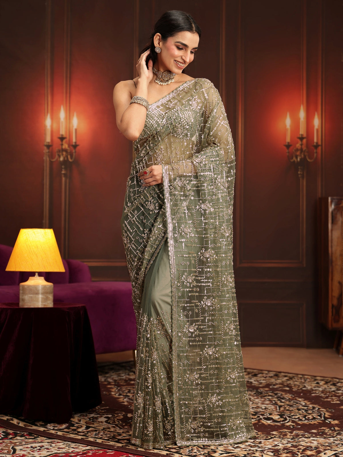 Anouk Art Dusty Sage Green Embellished Net Saree