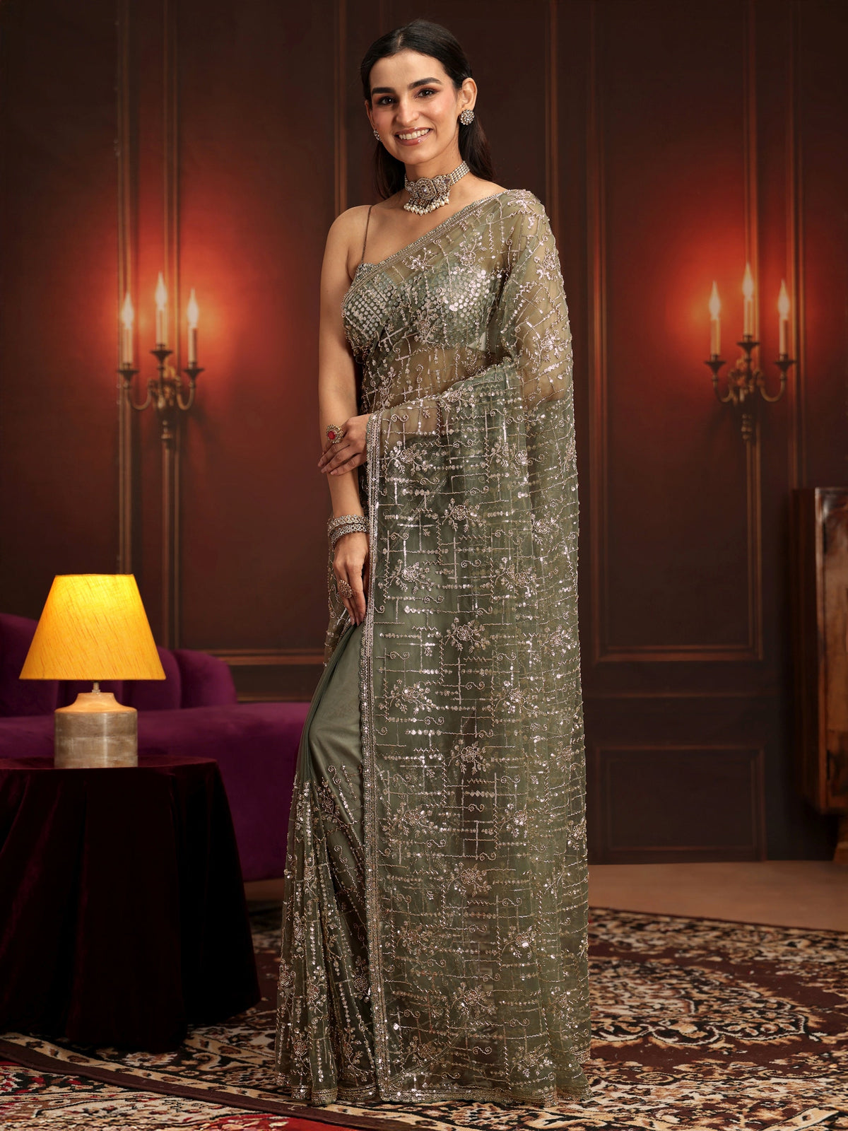 Anouk Art Dusty Sage Green Embellished Net Saree