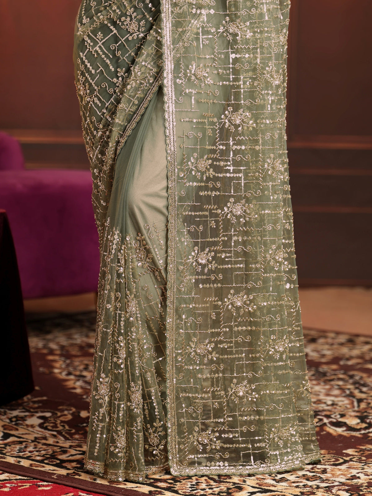 Anouk Art Dusty Sage Green Embellished Net Saree