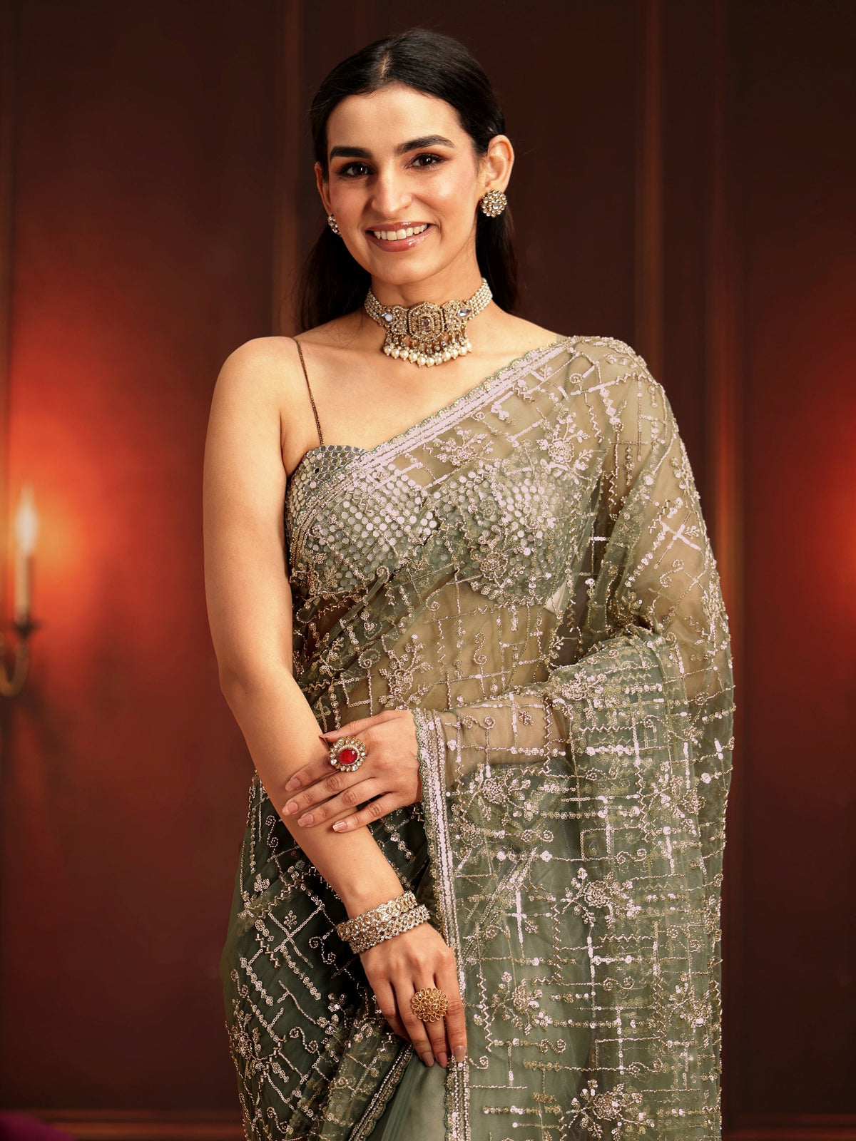 Anouk Art Dusty Sage Green Embellished Net Saree