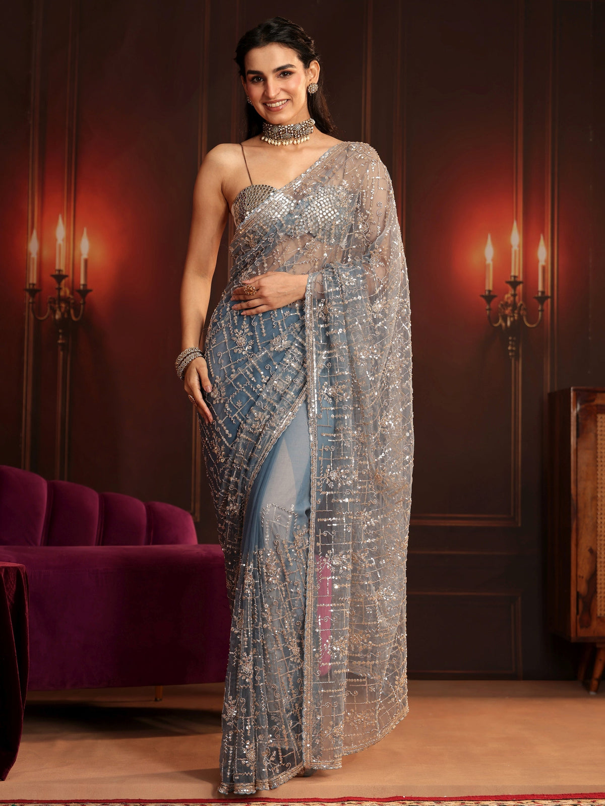 Anouk Art Dusty Blue Embellished Net Saree