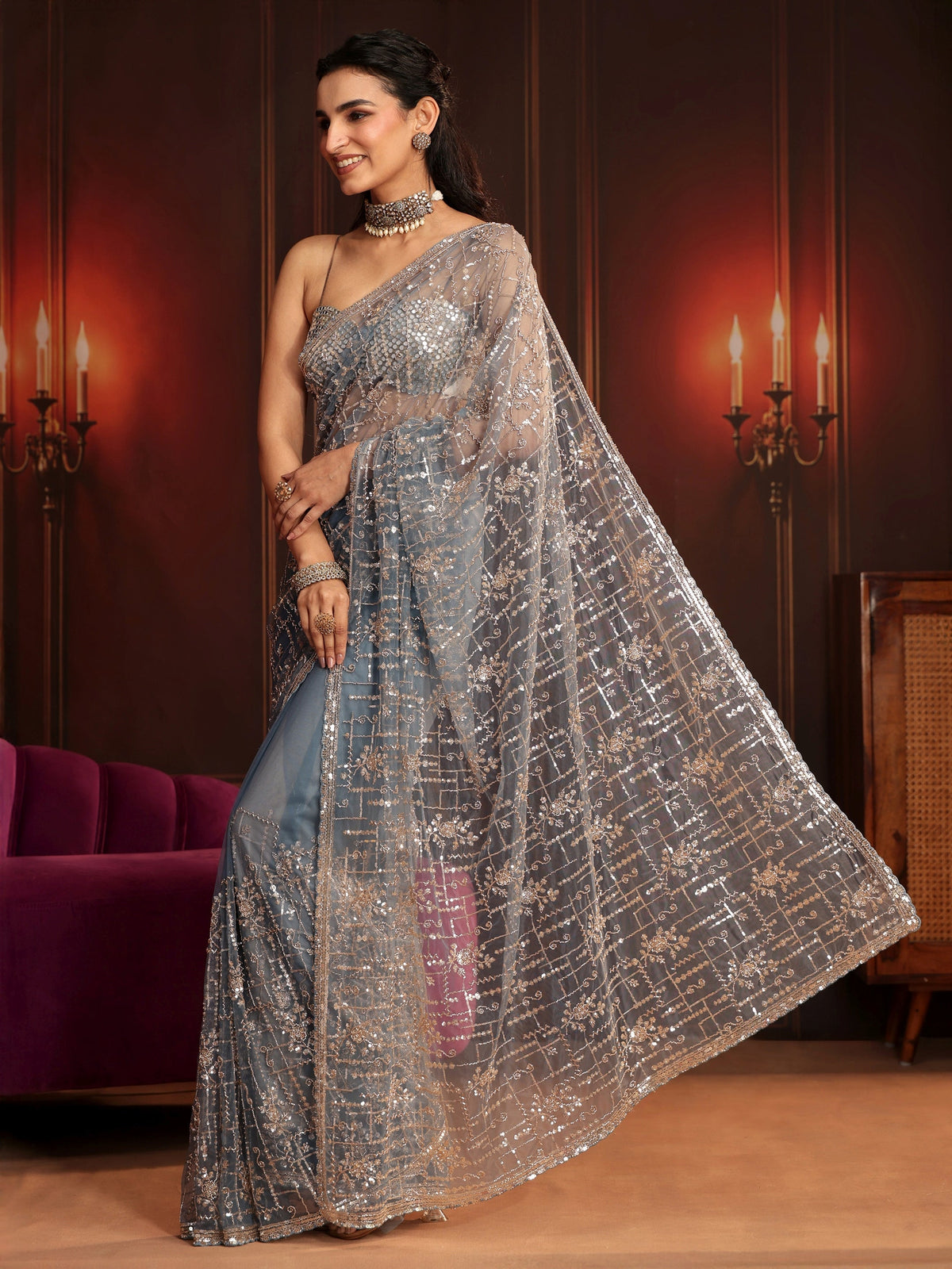 Anouk Art Dusty Blue Embellished Net Saree