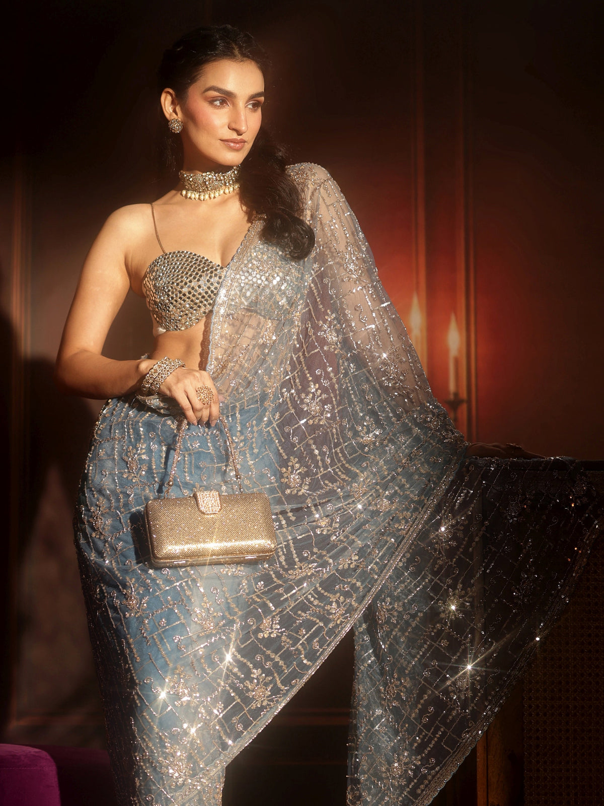 Anouk Art Dusty Blue Embellished Net Saree