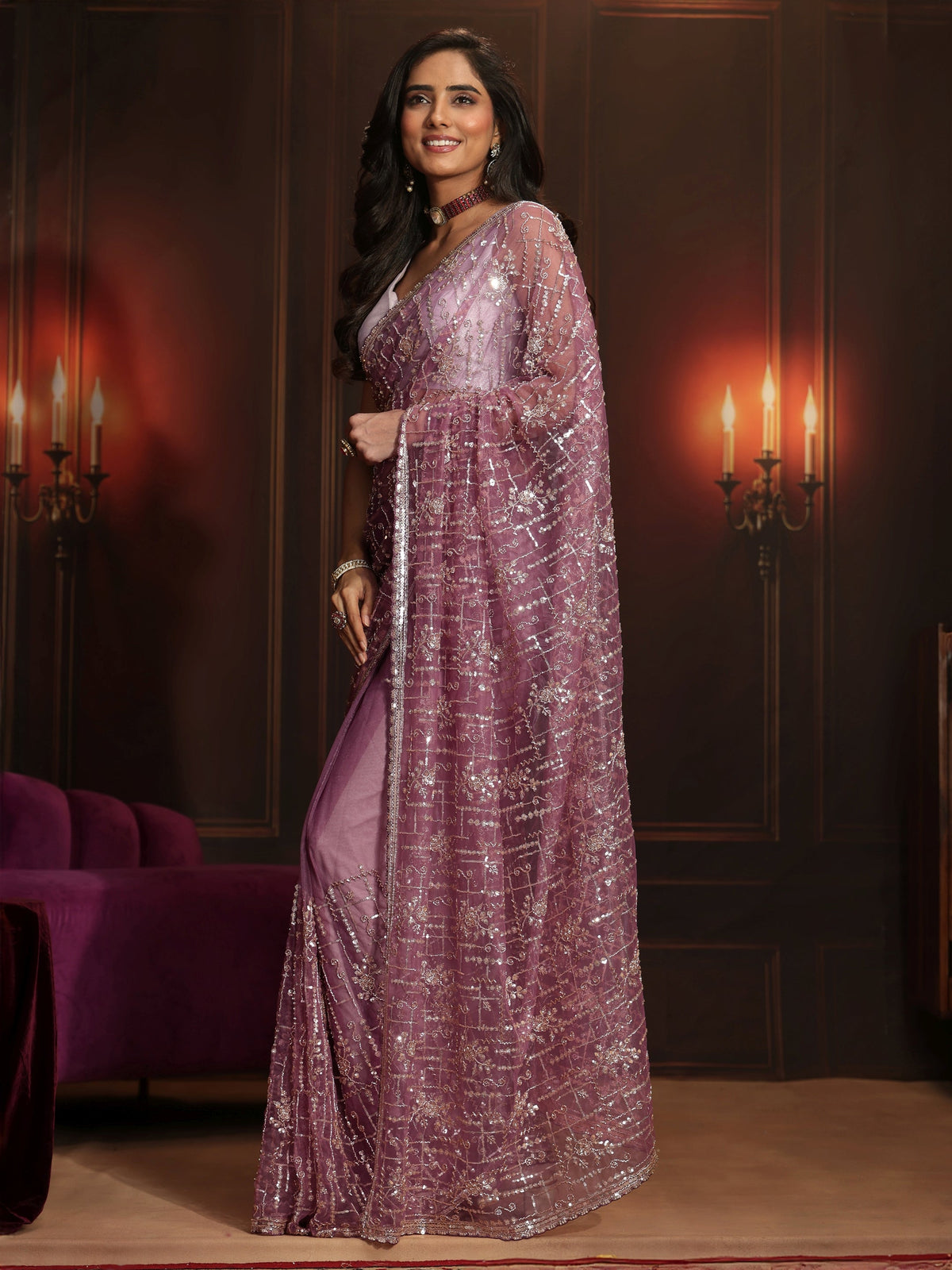 Anouk Art Purple Embellished Net Saree