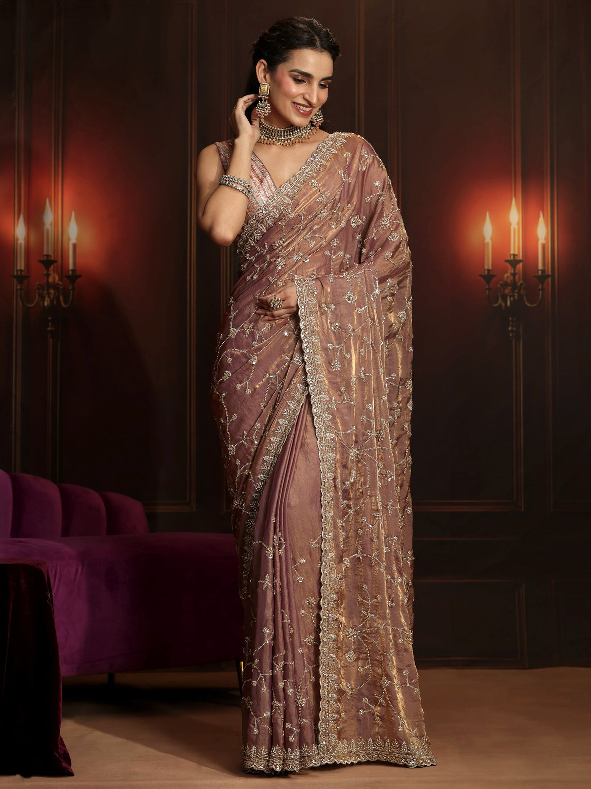 Anouk Art Mauve Floral Embellished Tissue Saree
