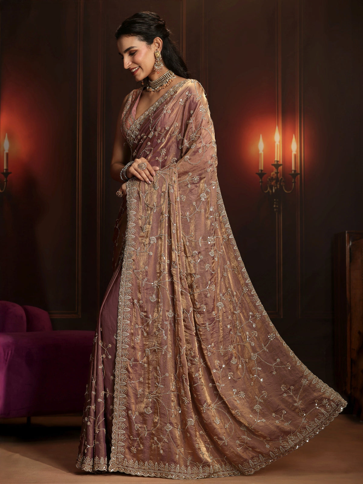 Anouk Art Mauve Floral Embellished Tissue Saree