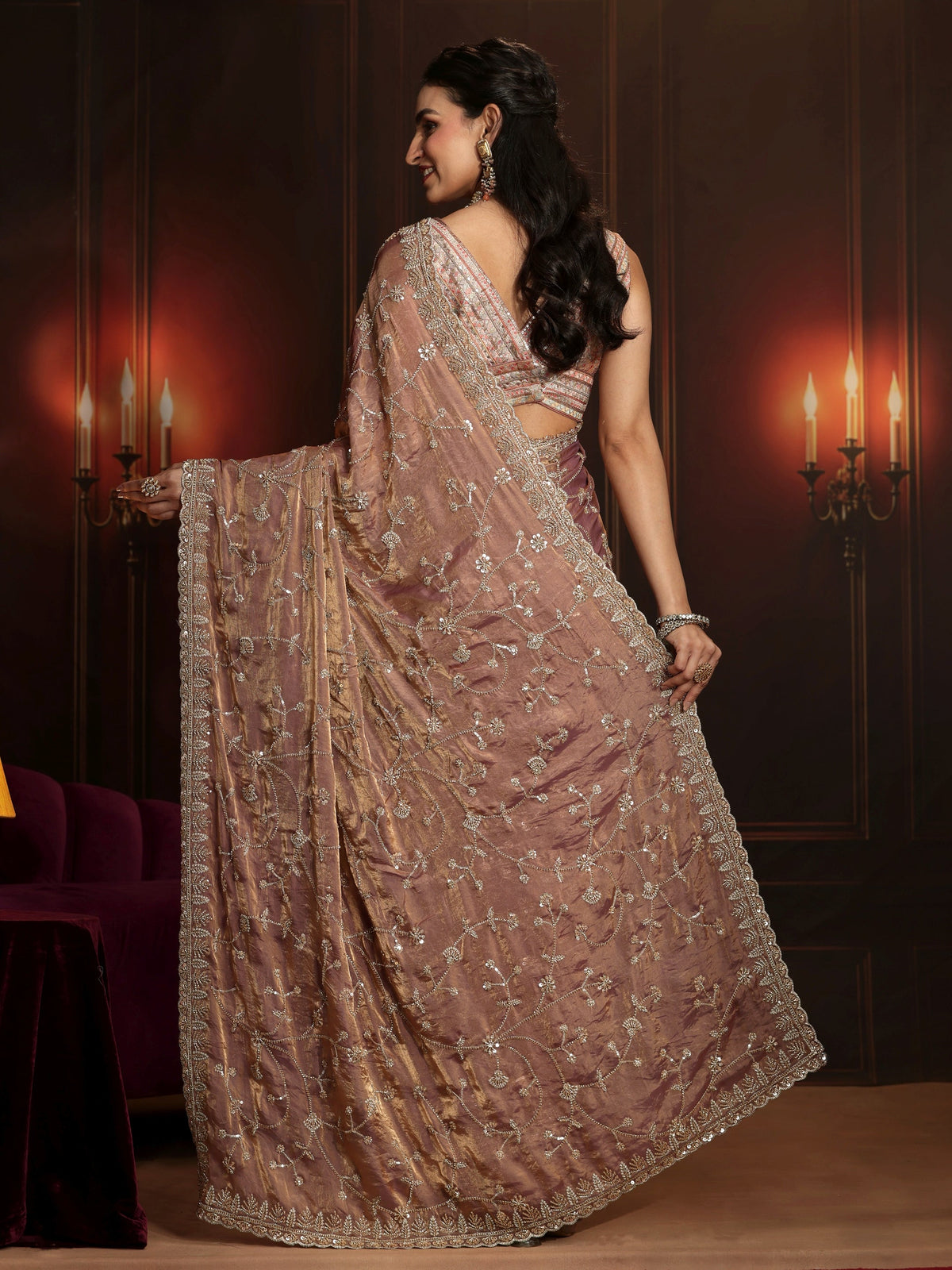 Anouk Art Mauve Floral Embellished Tissue Saree