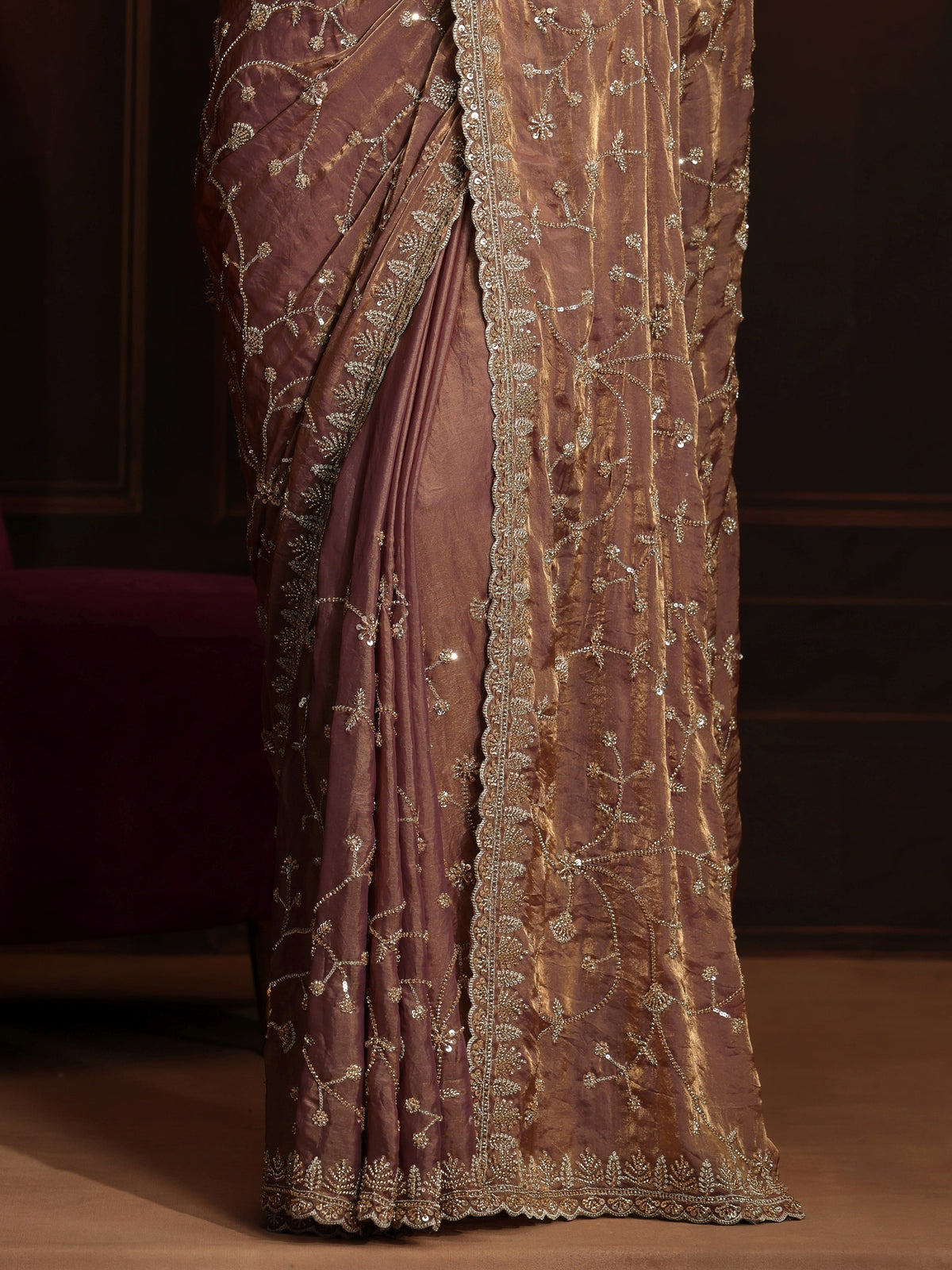Anouk Art Mauve Floral Embellished Tissue Saree