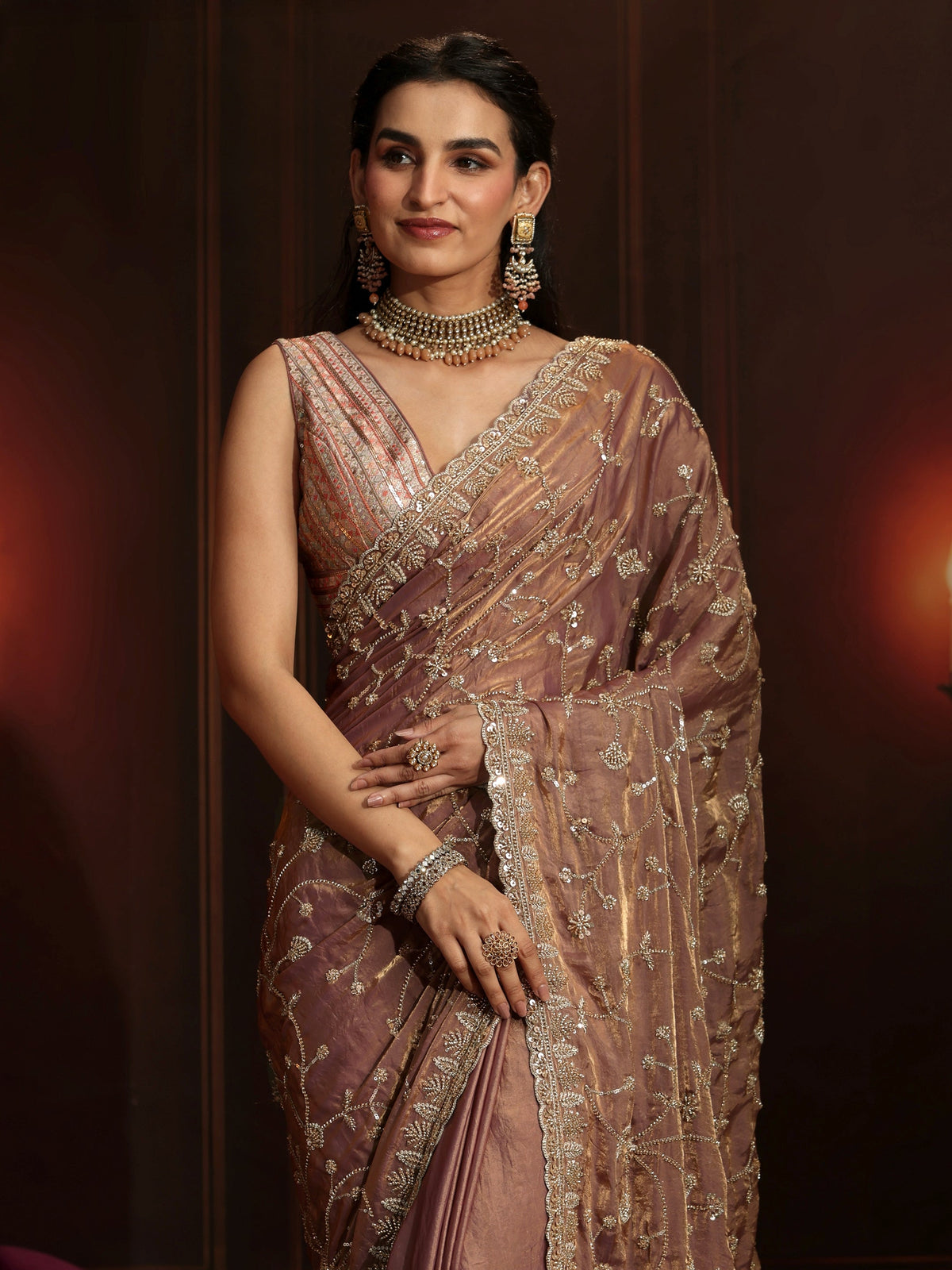 Anouk Art Mauve Floral Embellished Tissue Saree