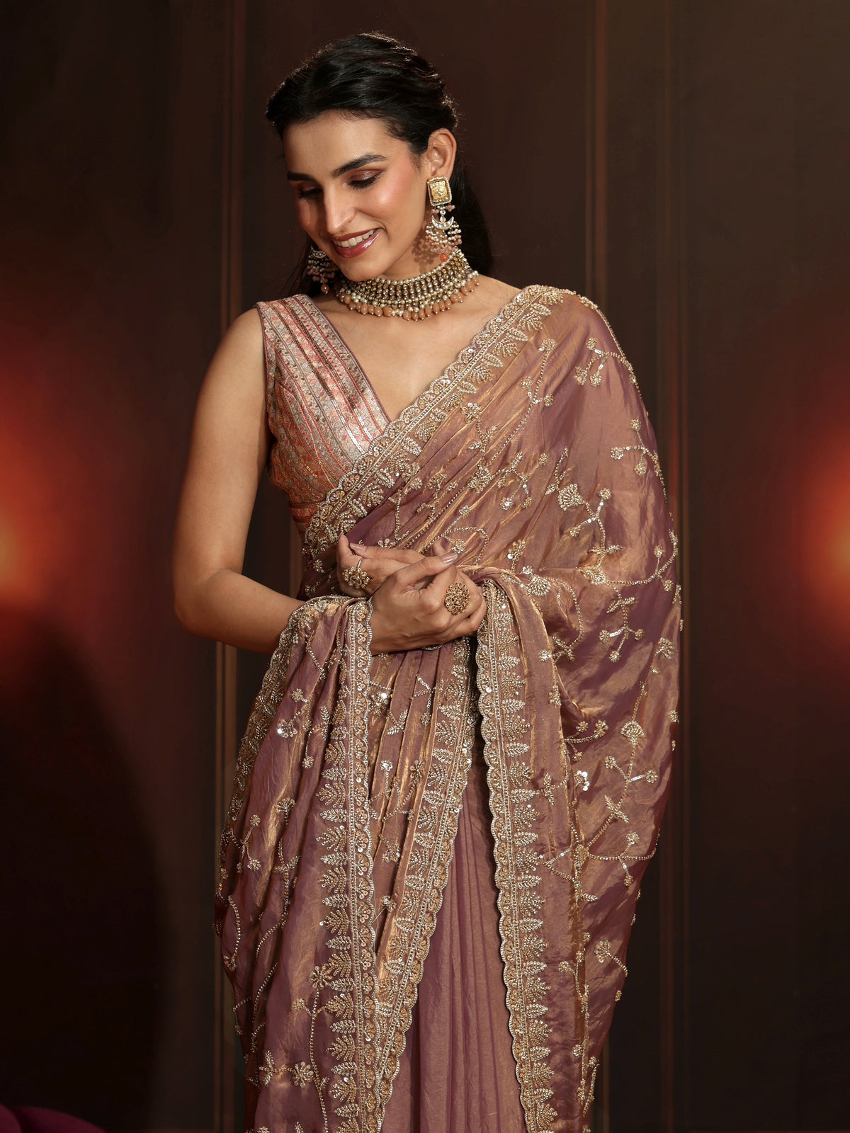 Anouk Art Mauve Floral Embellished Tissue Saree
