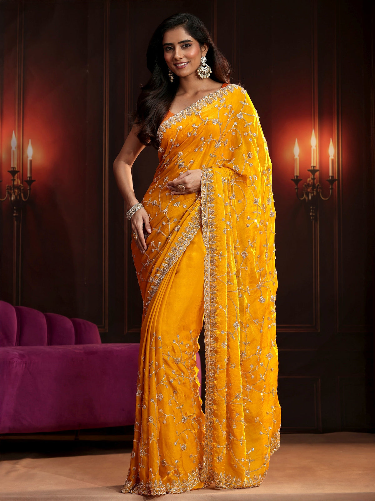 Anouk Art Mustard Floral Embellished Tissue Saree