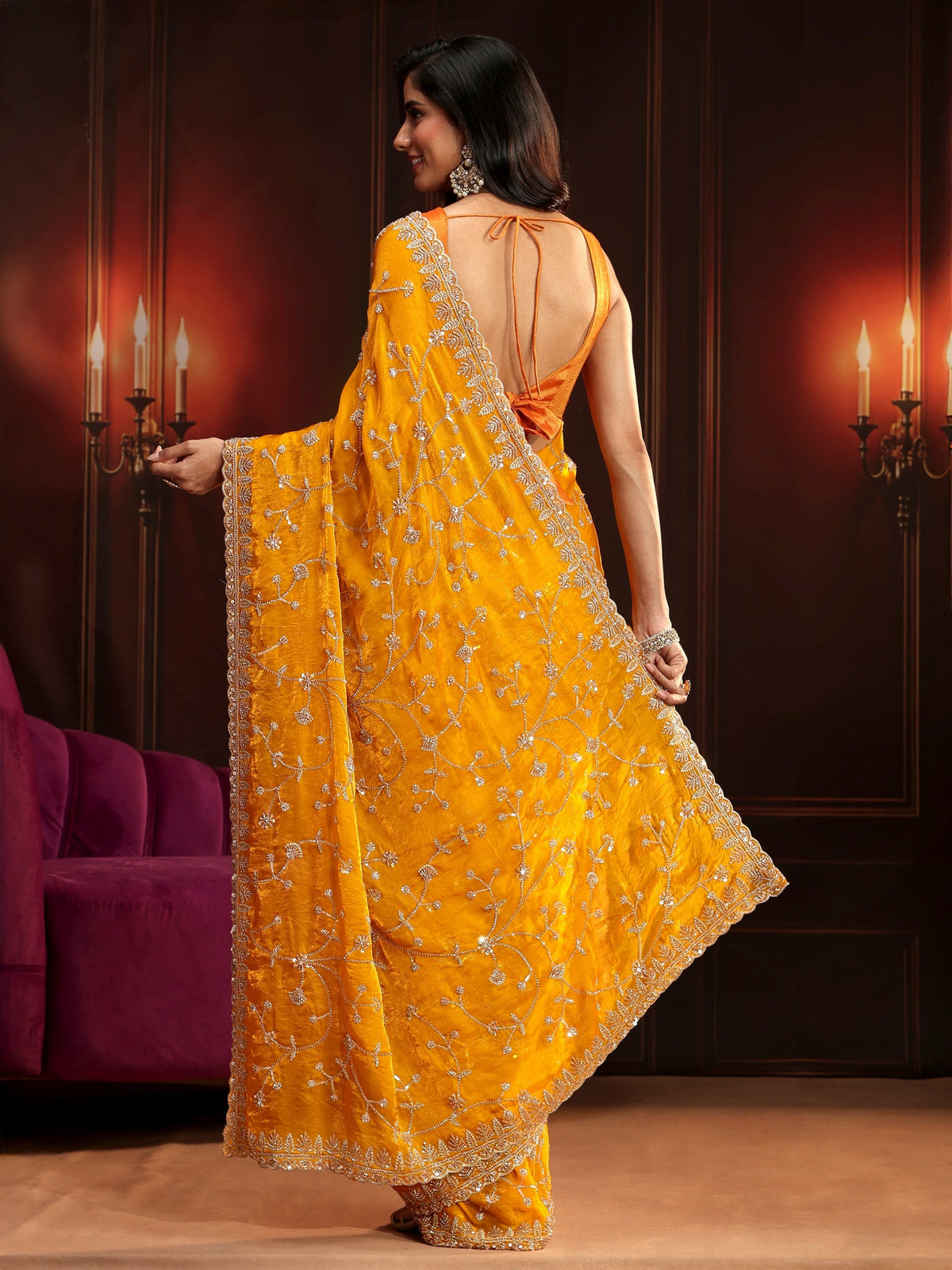 Anouk Art Mustard Floral Embellished Tissue Saree