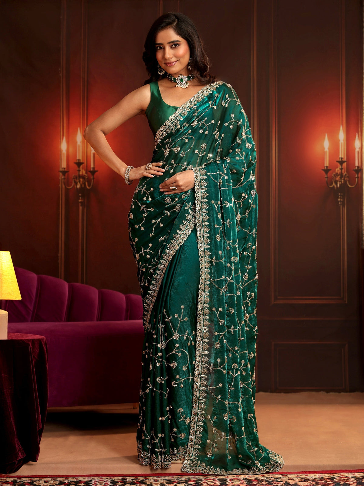 Anouk Art Teal Green Floral Embellished Tissue Saree