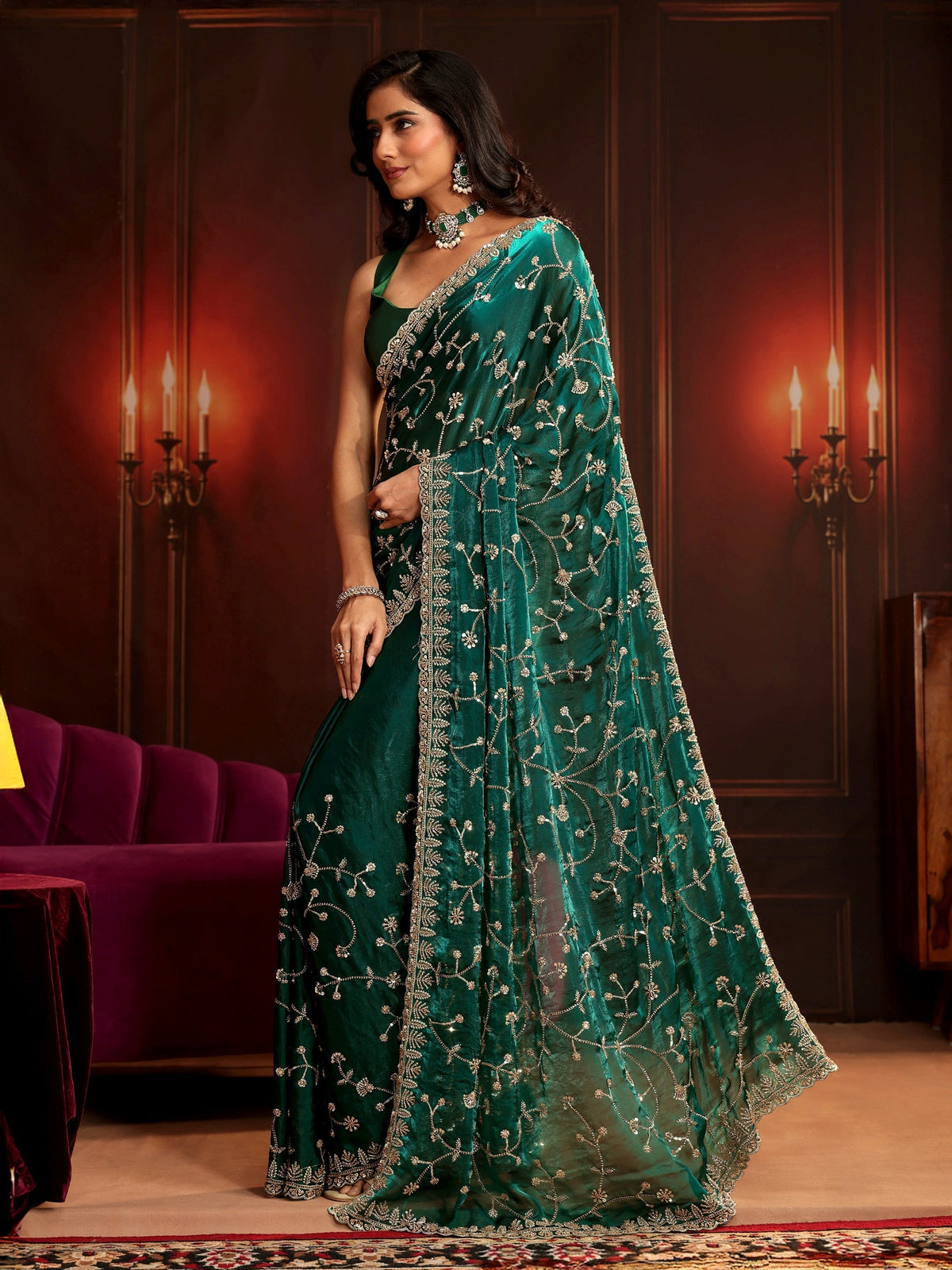Anouk Art Teal Green Floral Embellished Tissue Saree
