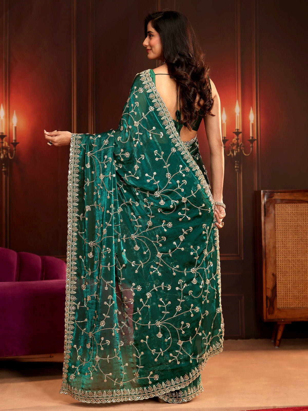 Anouk Art Teal Green Floral Embellished Tissue Saree