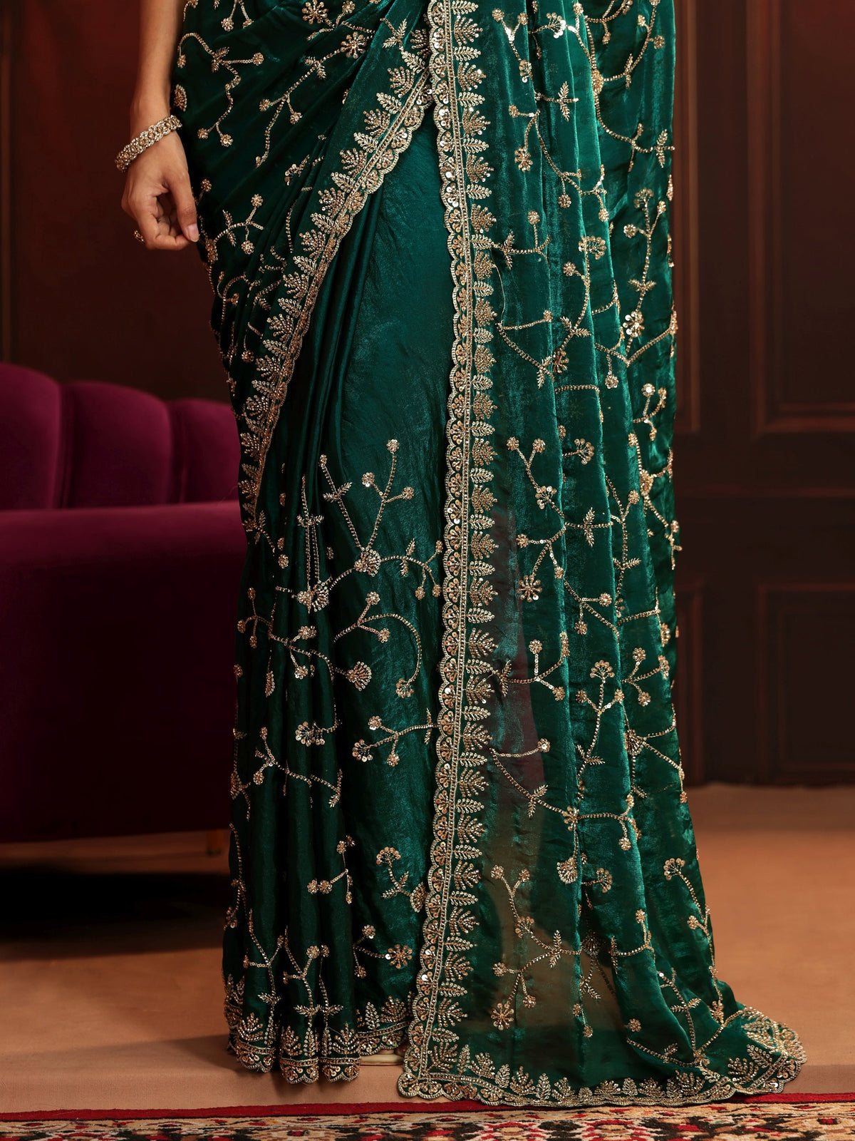Anouk Art Teal Green Floral Embellished Tissue Saree