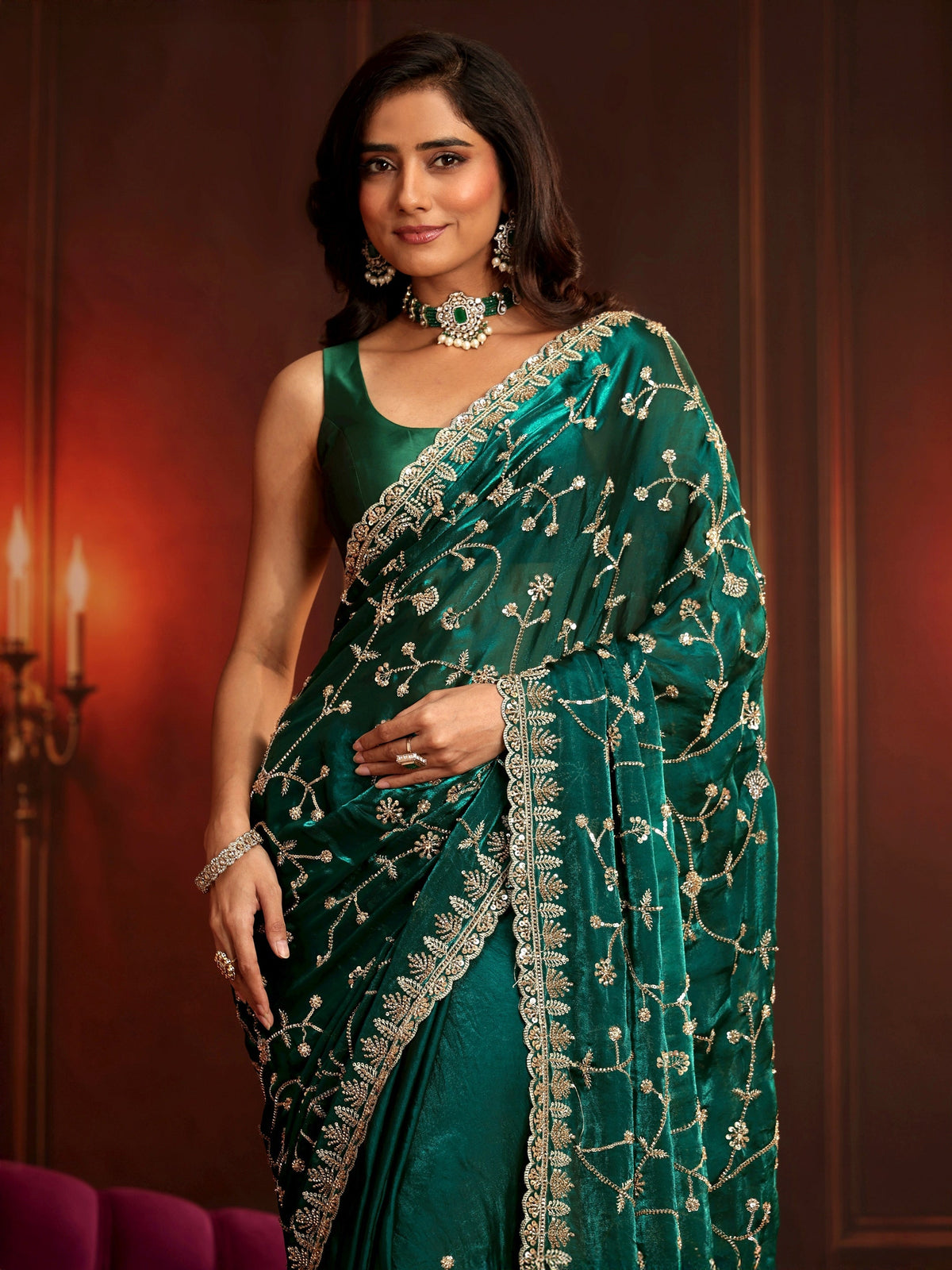 Anouk Art Teal Green Floral Embellished Tissue Saree
