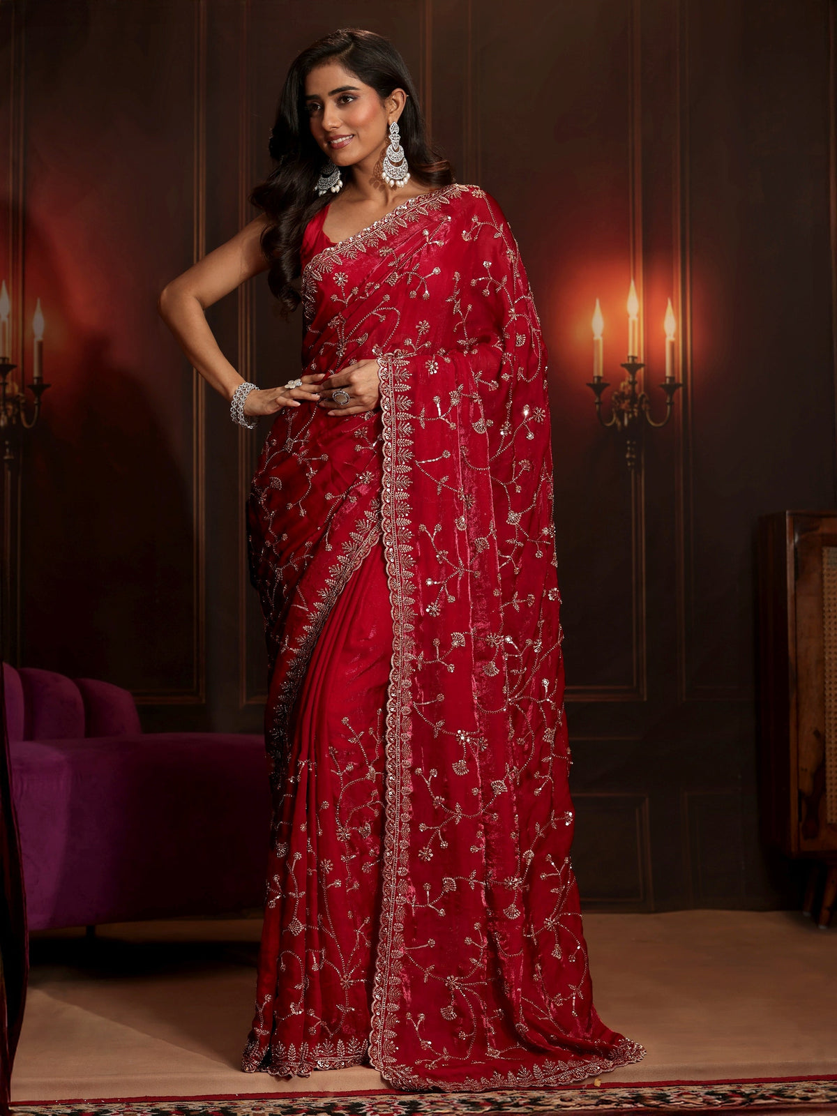 Anouk Art Crimson Red Floral Embellished Tissue Saree