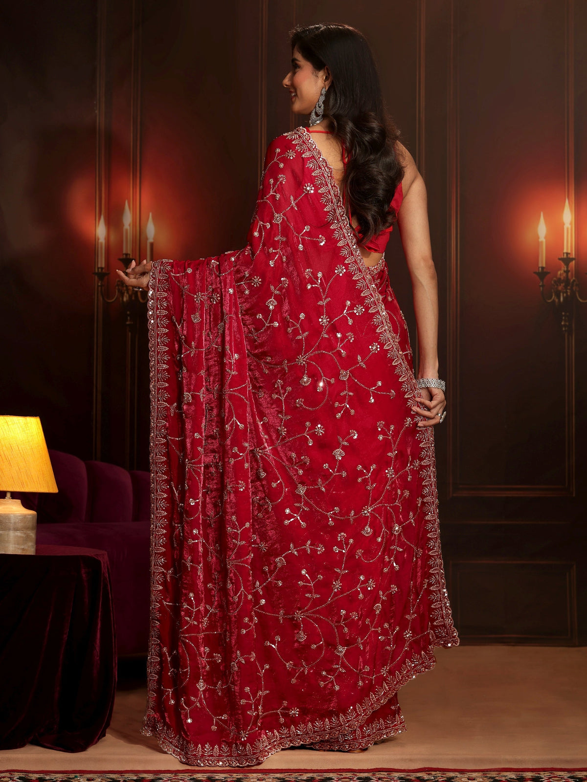 Anouk Art Crimson Red Floral Embellished Tissue Saree