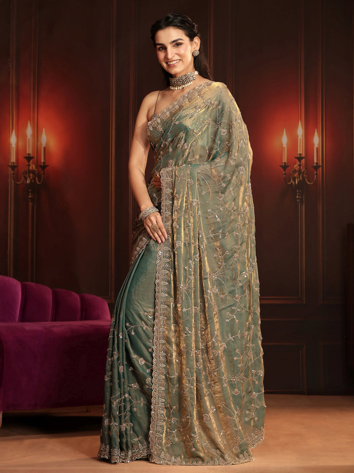 Anouk Art Dusty Sea Green Floral Embellished Tissue Saree
